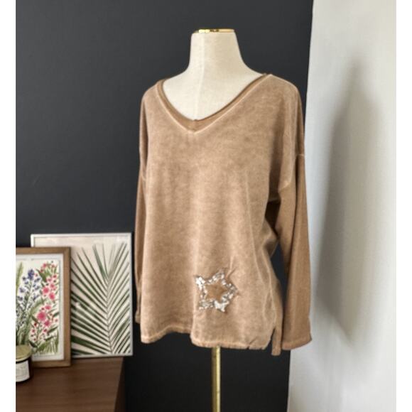 Tina Stephens Shirt Women Top Brown Sequin Star - Picture 2 of 7